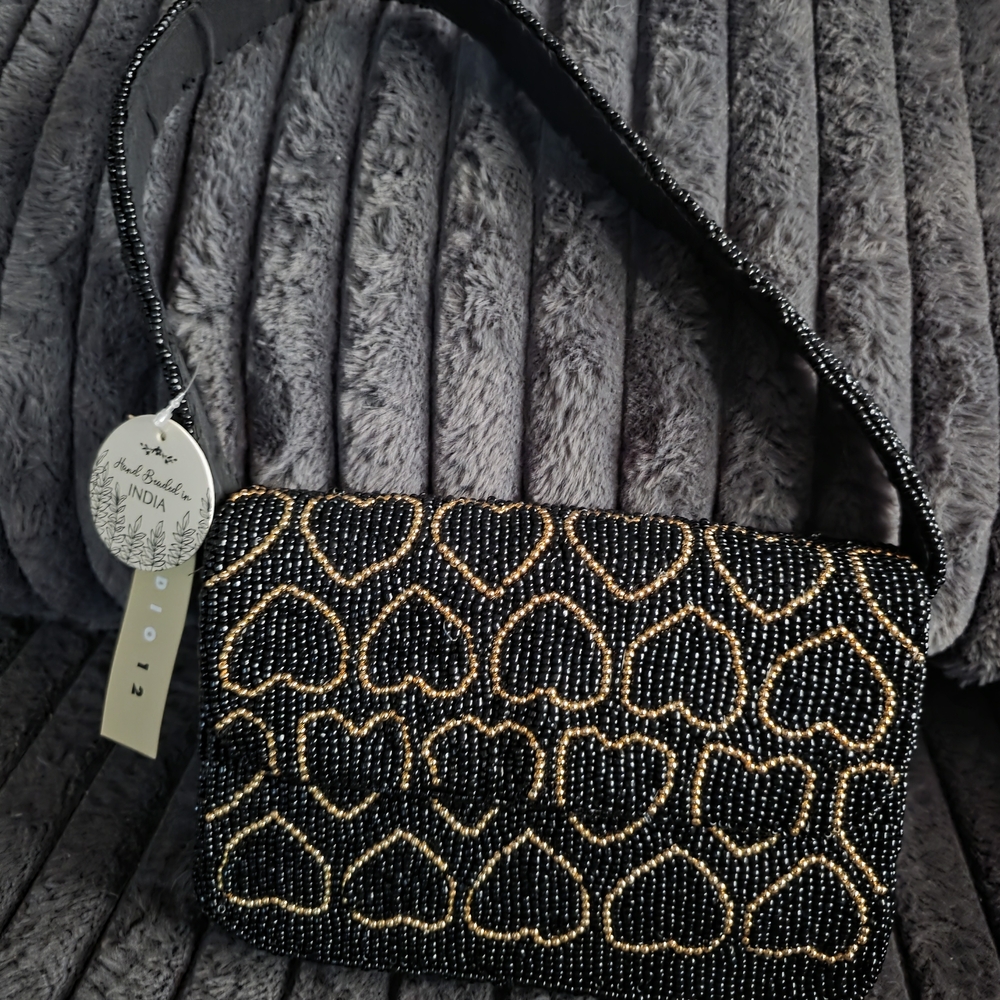 Studio 12 Black and Gold Heart Pattern Beaded Shoulder Bag